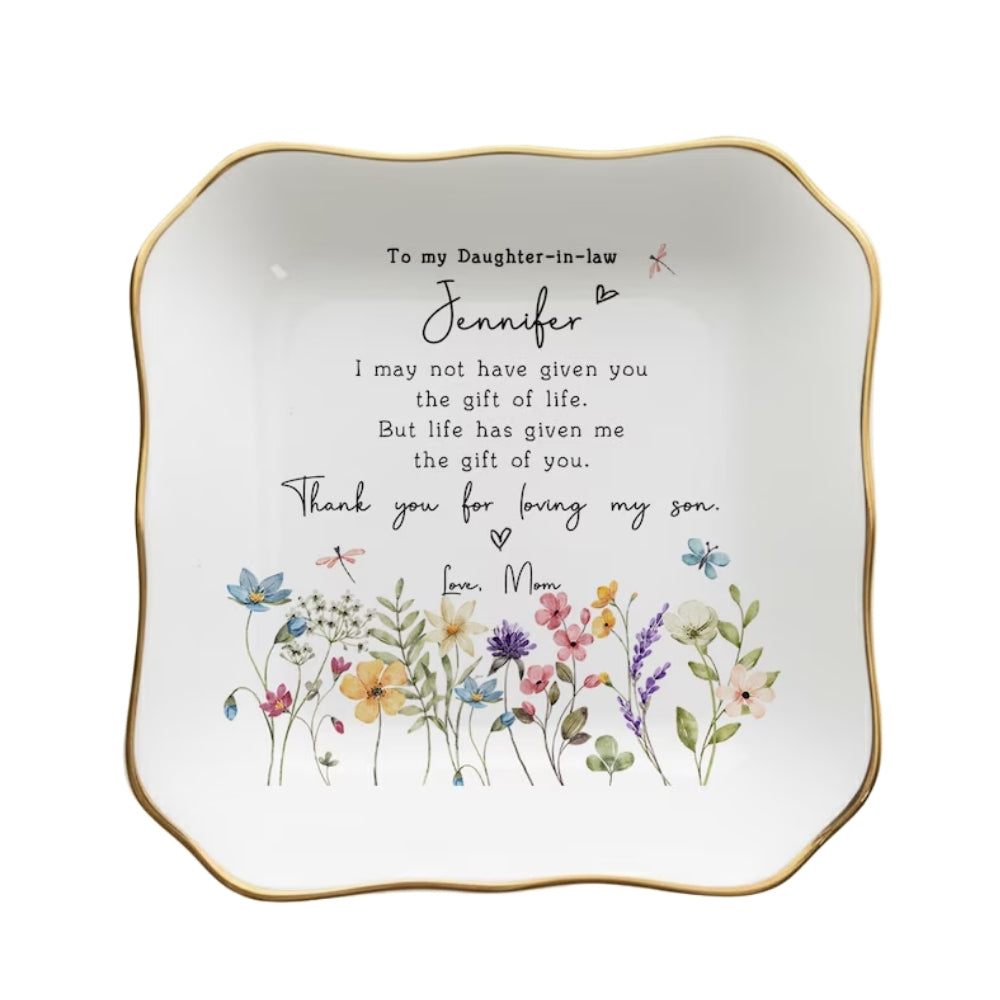Personalized Floral Daughter In Law Wedding Ring Dish, Custom New Bride Jewelry Dish WD0080