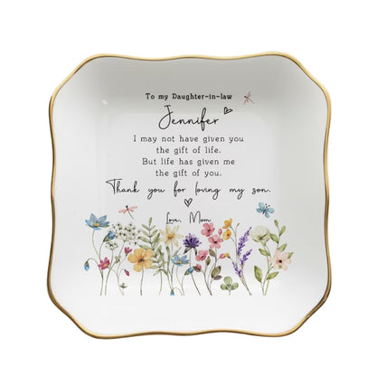 Personalized Floral Daughter In Law Wedding Ring Dish, Custom New Bride Jewelry Dish WD0080