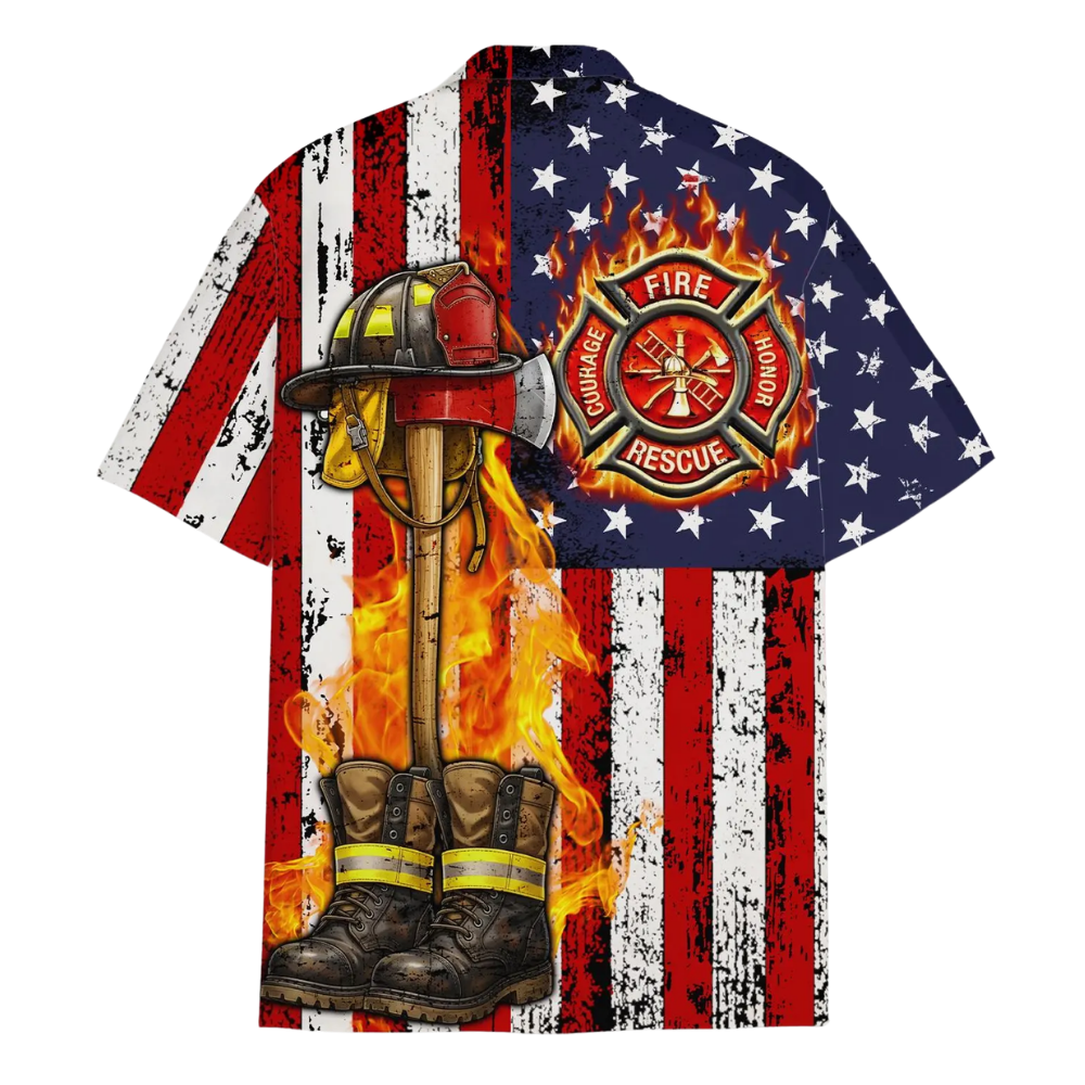Fire Honor Rescue Courage USA Flag Firefighter Hawaiian Shirt For Men, Firefighter Patriotic Hawaiian Shirt HE0369