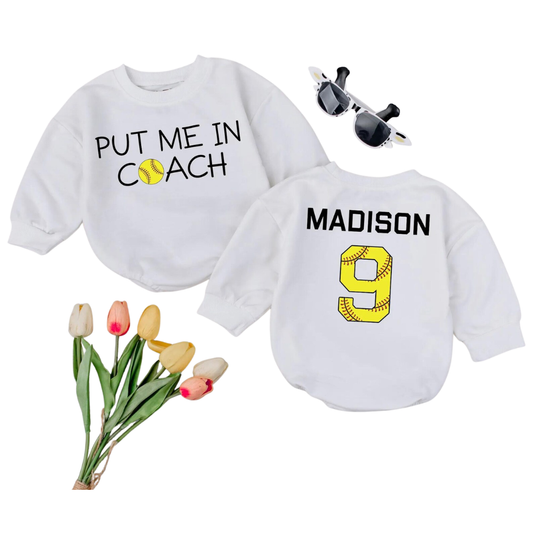 Put Me On Coach Custom Softball Baby Romper Sweatshirt, Custom Baby Softball Sweatshirt BB0807