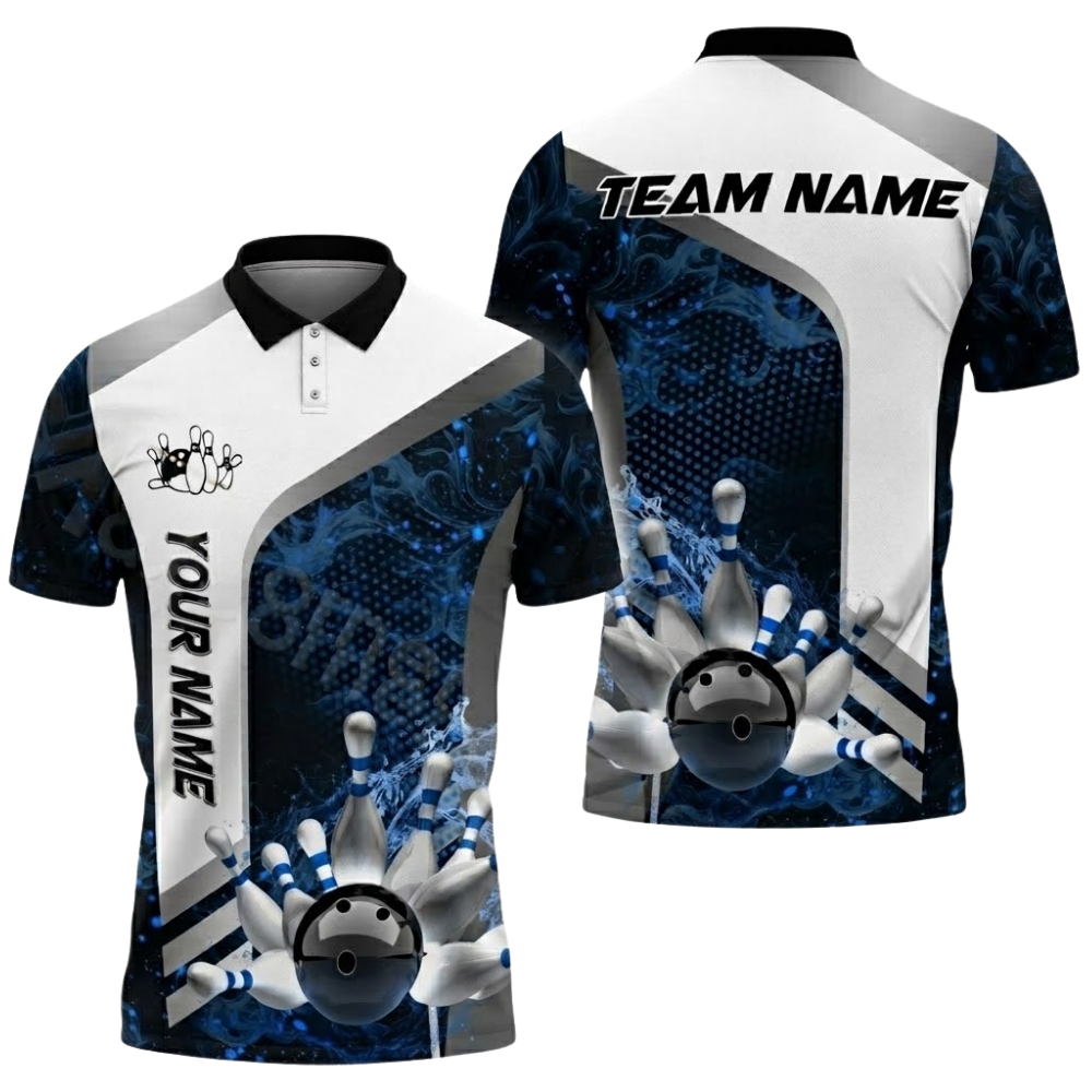 Custom White Blue Bowling Team Polo Shirt For Men, Custom Bowling Shirts BZ0525