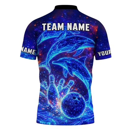 Custom Dolphin Neon Blue Men's Bowling Polo Shirt, Custom Dolphin Team Bowling Shirts BZ0508