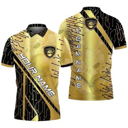 Electronic Circuit Custom Mens Cyan Black Bowling Polo Shirt, Custom Team Bowling Shirt BZ0780