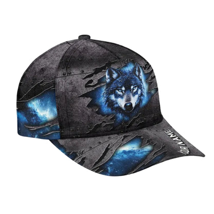 Personalized Blue Eyes Wolf Baseball Cap, Custom Wolf Cap For Animal Lovers CP0076