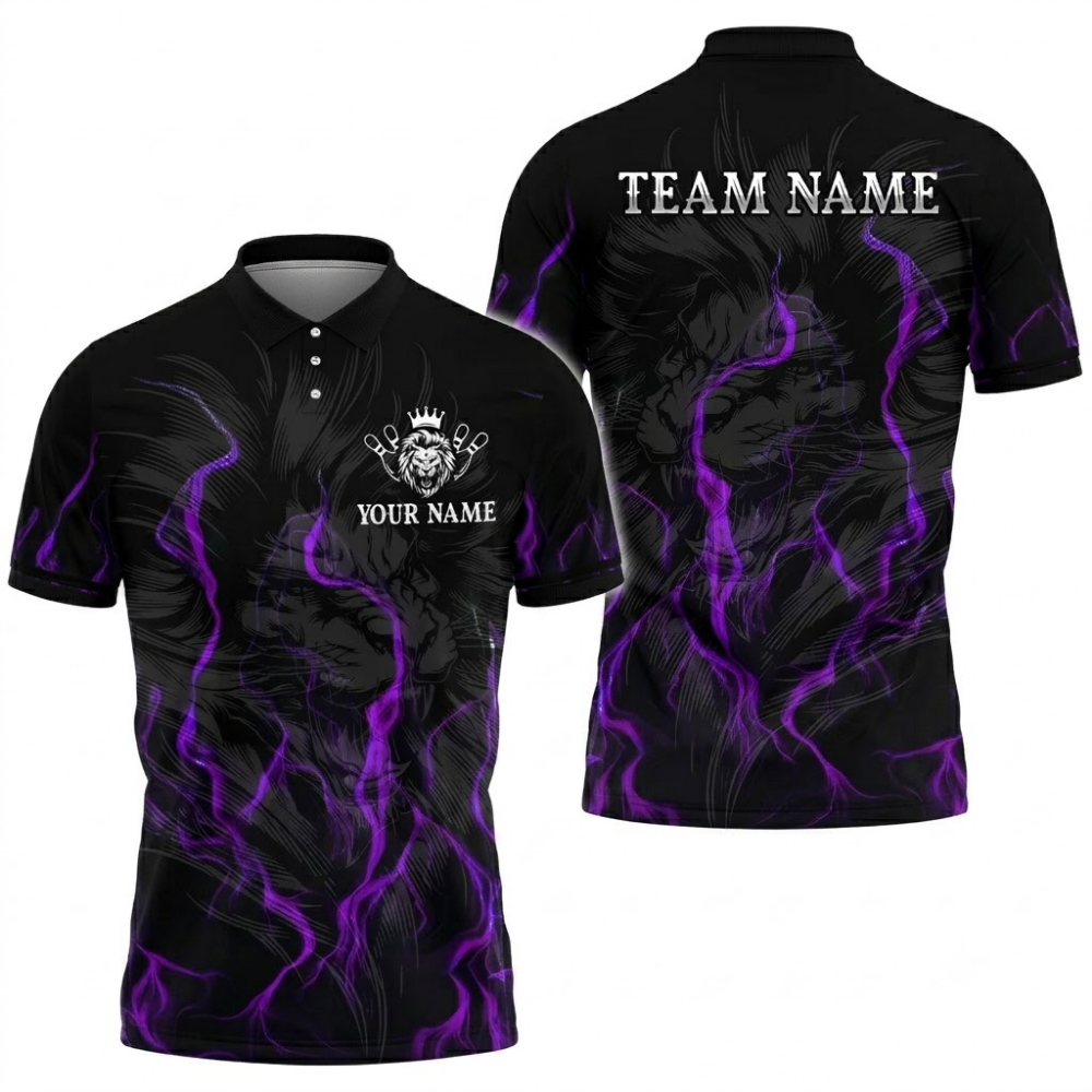 Custom Lion Black Blue Bowling Polo Shirt For Men, Custom Lion Bowling Team Shirt BZ0747