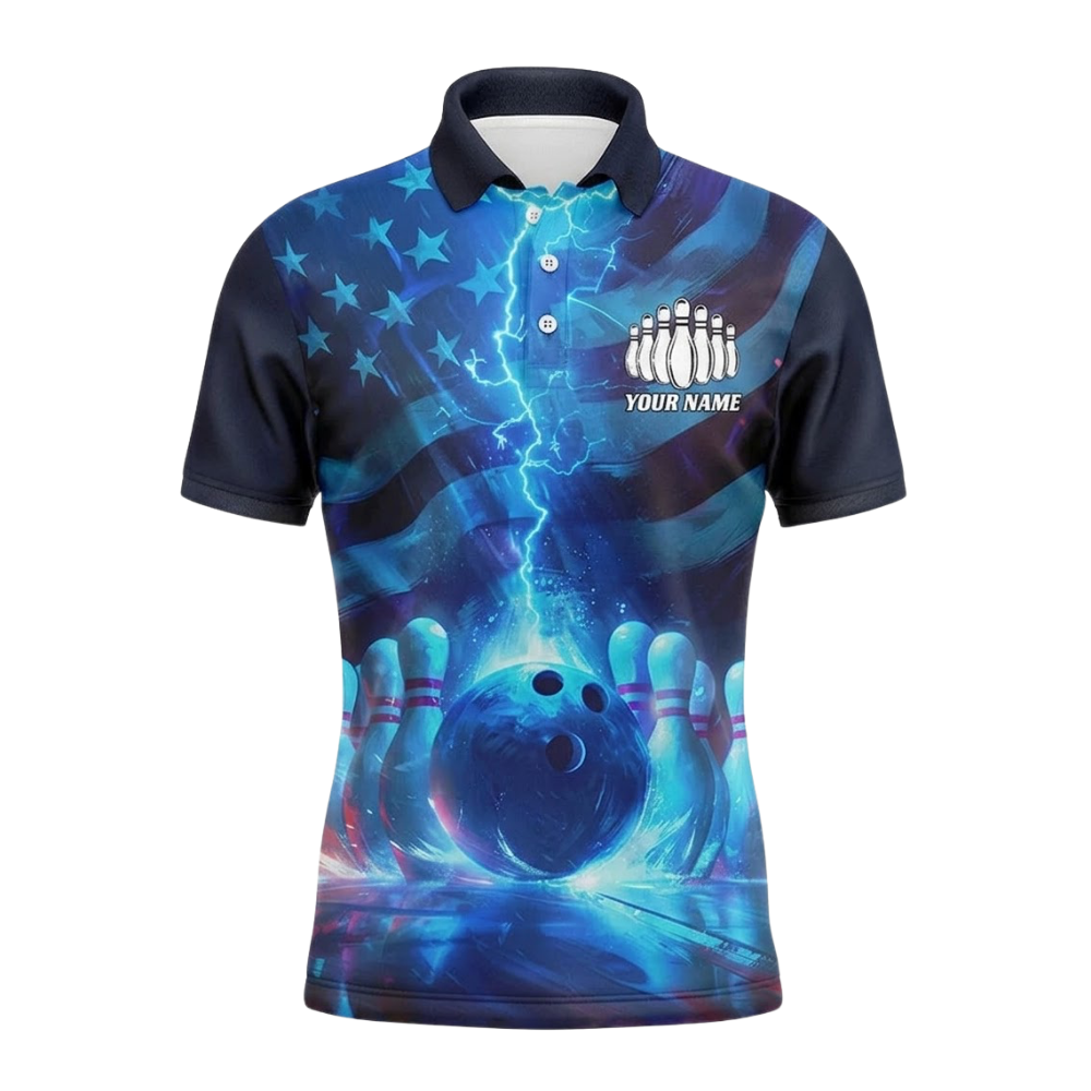 Custom American Flag Thunder Blue Bowling Polo Shirt Men, Custom Patriotic Bowling Shirt Team BZ0765
