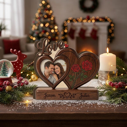 Custom Photo Couple Heart Layer Wooden Plaque, Personalized Couple Anniversary Wooden Block With Picture WD0930