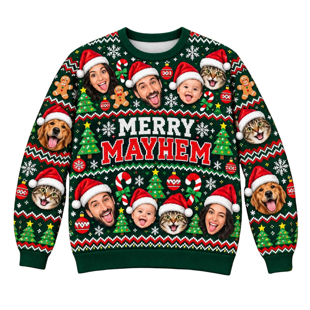 Merry Mayhem Custom Family Faces Christmas Ugly Sweater, Custom Photo Ugly Christmas Sweatshirt 2D1214