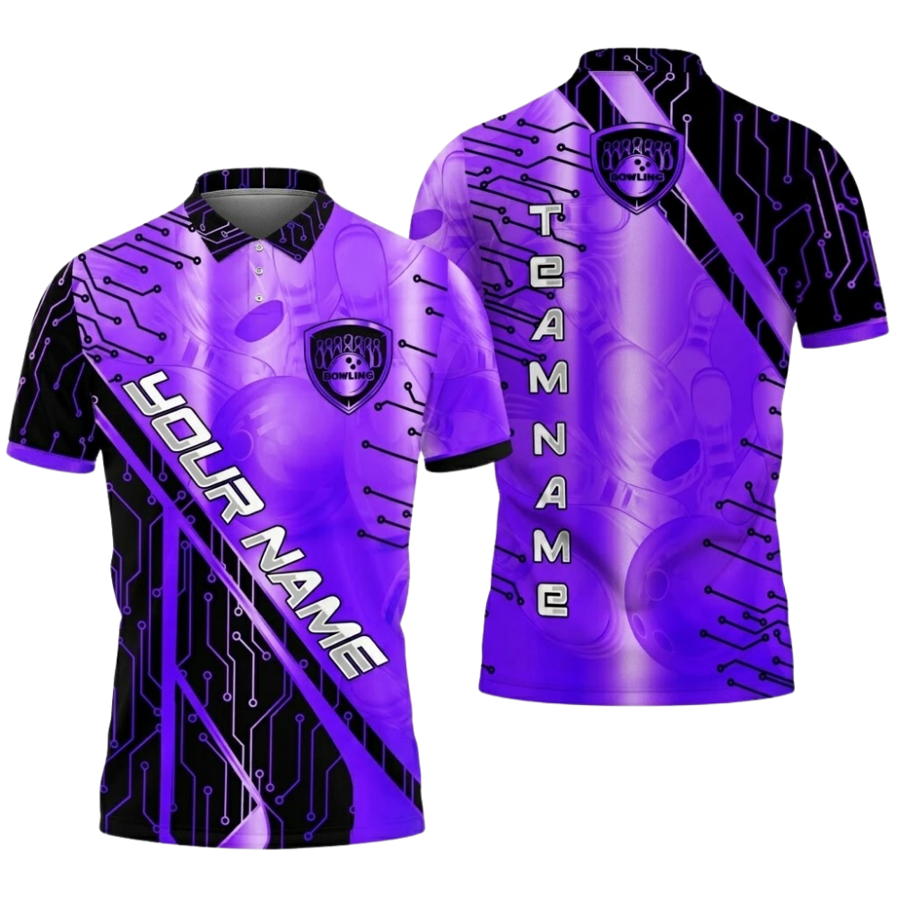 Electronic Circuit Custom Mens Cyan Black Bowling Polo Shirt, Custom Team Bowling Shirt BZ0780