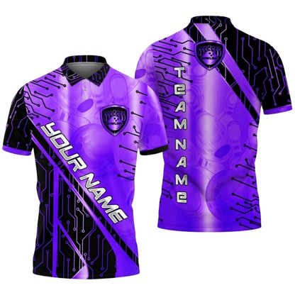 Electronic Circuit Custom Mens Cyan Black Bowling Polo Shirt, Custom Team Bowling Shirt BZ0780
