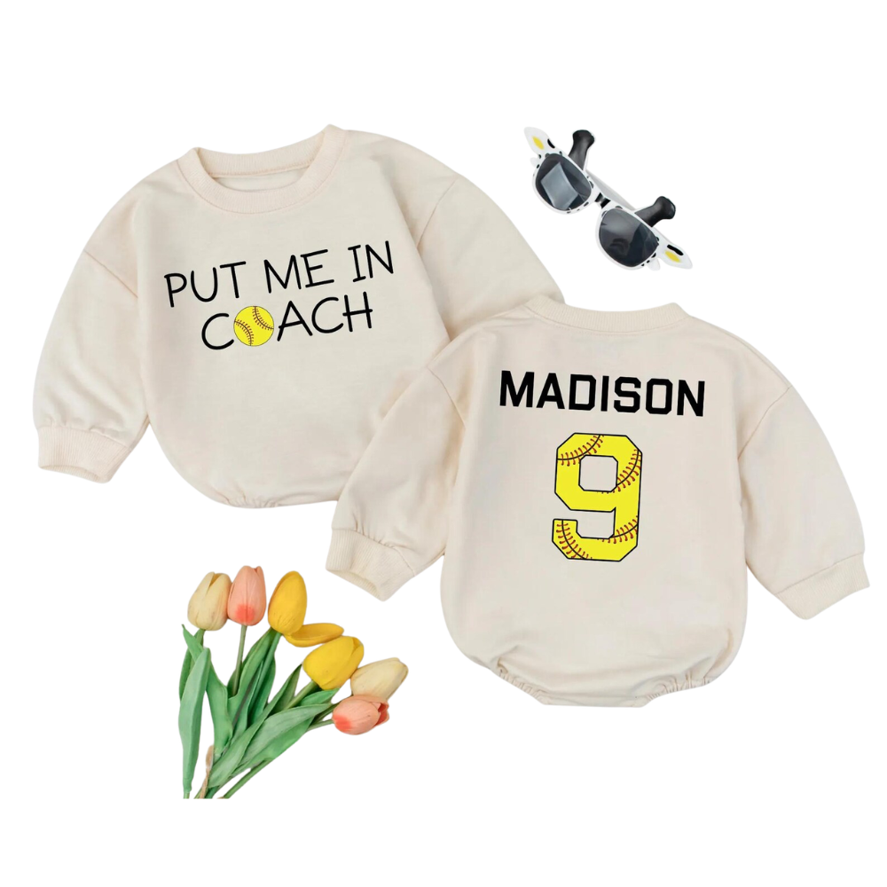 Put Me On Coach Custom Softball Baby Romper Sweatshirt, Custom Baby Softball Sweatshirt BB0807