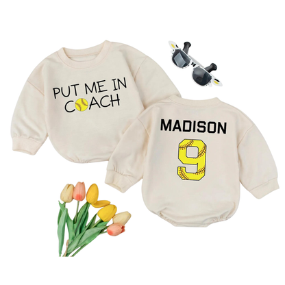 Put Me On Coach Custom Softball Baby Romper Sweatshirt, Custom Baby Softball Sweatshirt BB0807