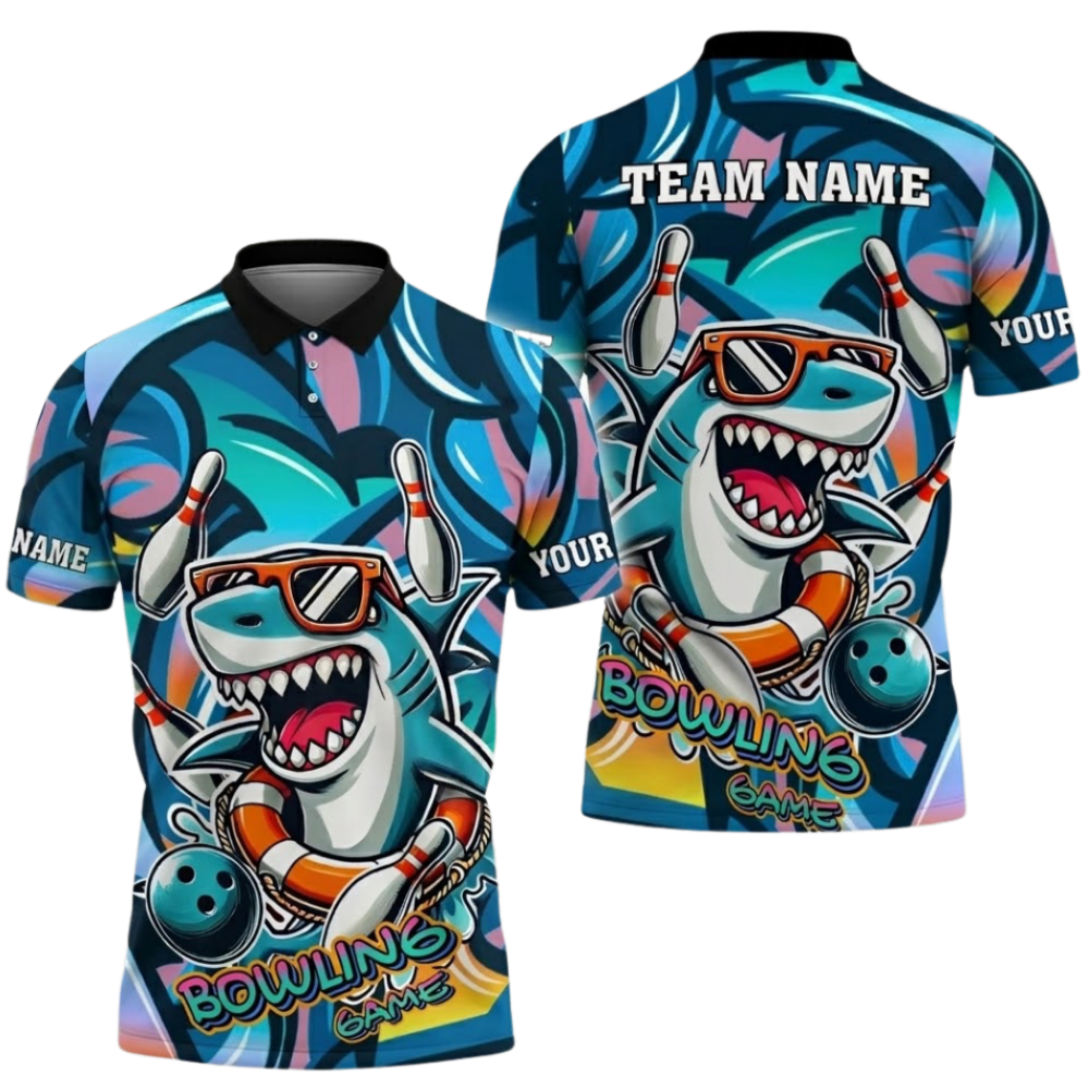Funny Shark Custom Graffiti Bowling Mens Polo Shirt, Custom Shark Bowling Shirts Team BZ0665