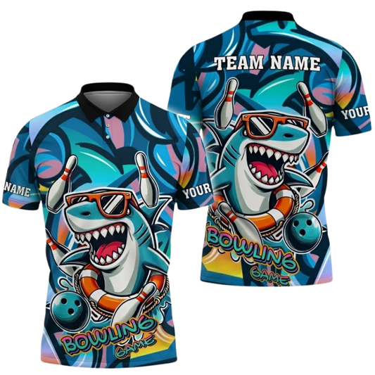 Funny Shark Custom Graffiti Bowling Mens Polo Shirt, Custom Shark Bowling Shirts Team BZ0665