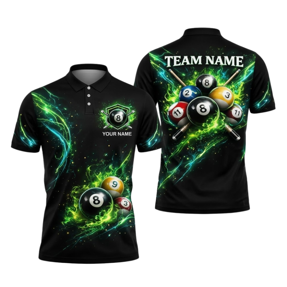 Custom Team Neon Green Energy Billiard Polo Shirt For Men, Custom Team Billiard Shirt BIZ0334
