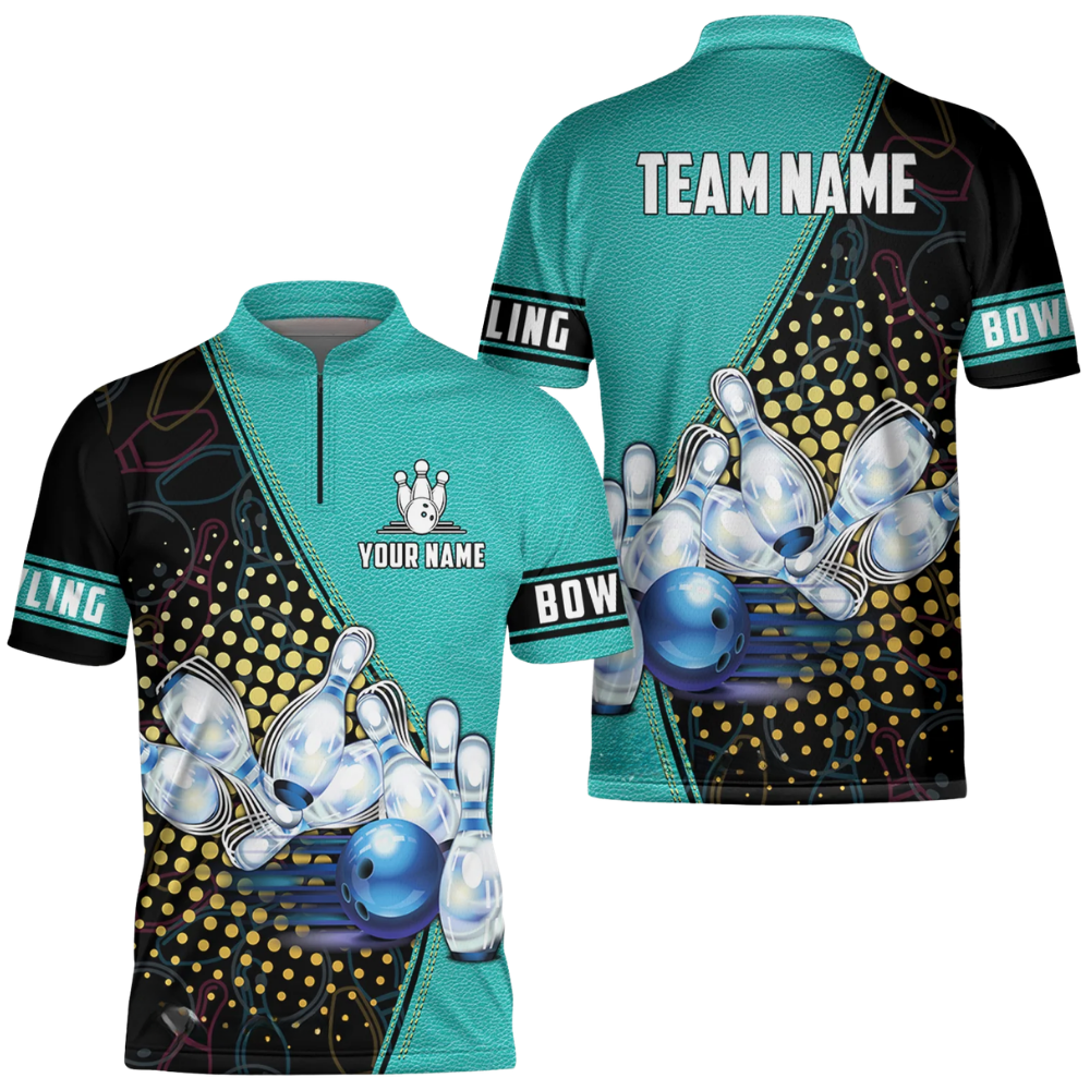 Custom Team Cyan Black Bowling Jersey For Men, Custom Bowling Shirts BZ0636