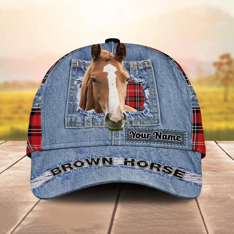 Brown Horse Overall Jeans Pattern And Red Caro Pattern Customized Name Cap CA0167