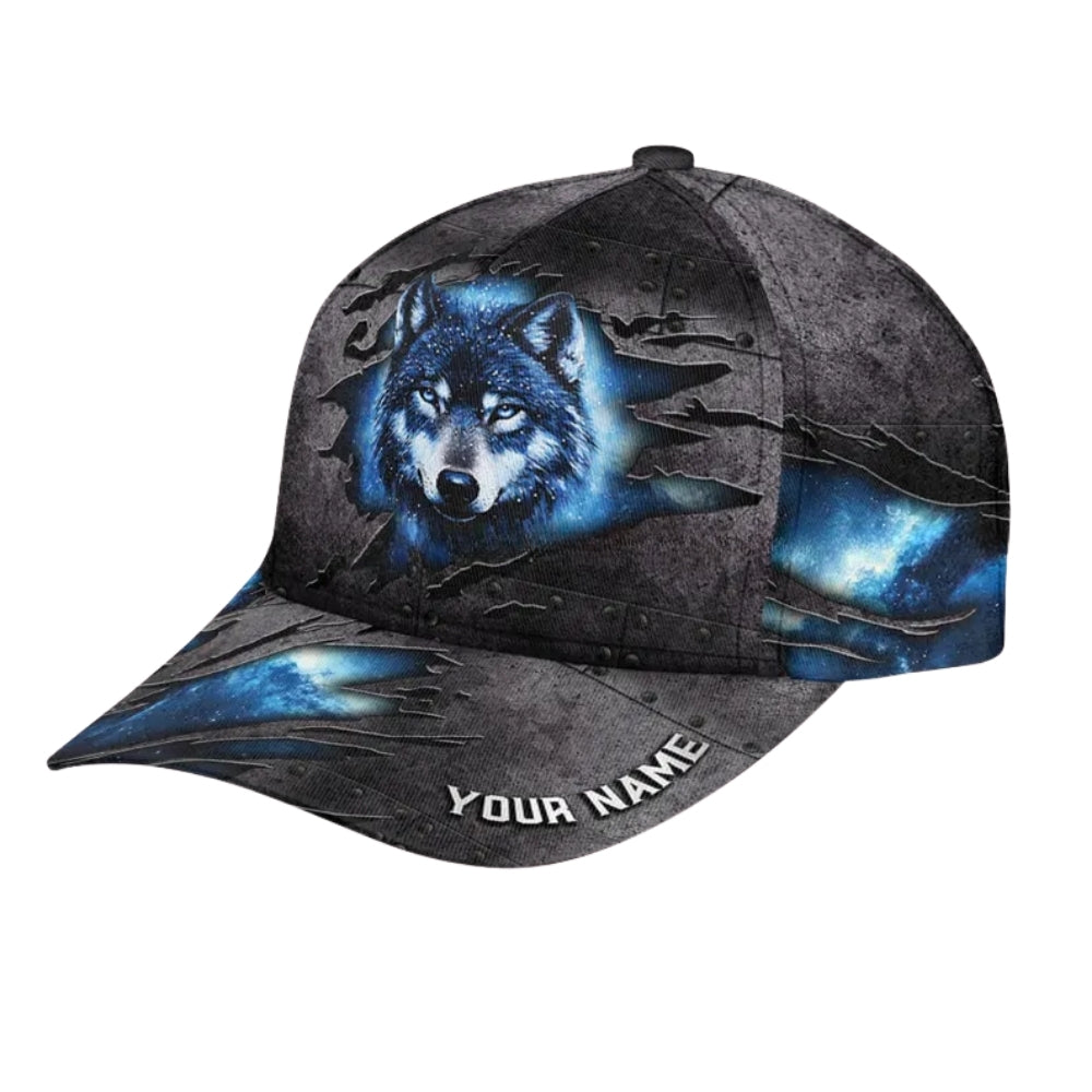 Personalized Blue Eyes Wolf Baseball Cap, Custom Wolf Cap For Animal Lovers CP0076