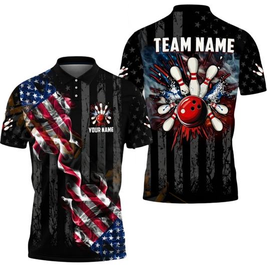 Custom American Flag Men's Black Bowling Polo Shirt, Custom Patriotic Bowling Shirt Team BZ0604