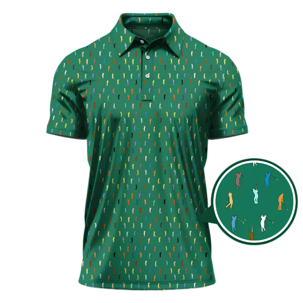 Swinging Golfer Pattern Green Golf Polo Shirt For Men, Green Golf Shirts GZ0250