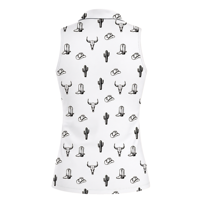Cactus Cowgirl White Sleeveless Golf Shirt Women, Western Golf Shirts For Ladies GZ0270