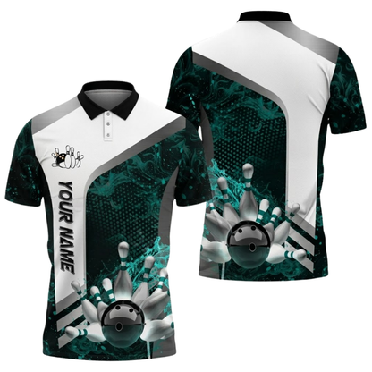 Custom White Blue Bowling Team Polo Shirt For Men, Custom Bowling Shirts BZ0525