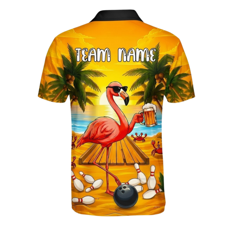 Custom Flamingo Drinking Beer Bowling Mens Polo Shirts, Custom Flamingo Bowling Team Shirts BZ1103