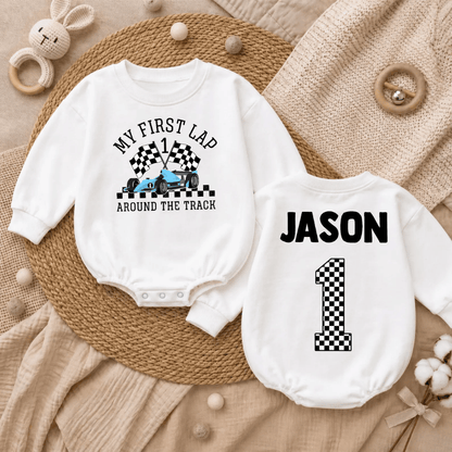 My First Lap Around The Track Custom Baby Romper Sweatshirt, Personalized Baby Race Car Love Romper Sweater BB0970