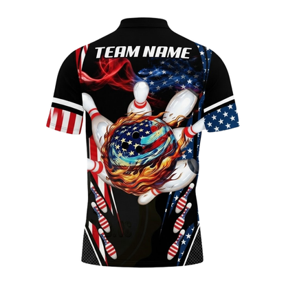 Fire Ball American Flag Custom Mens Bowling Polo Shirt, Custom Patriotic Bowling Shirt For Team BZ0796