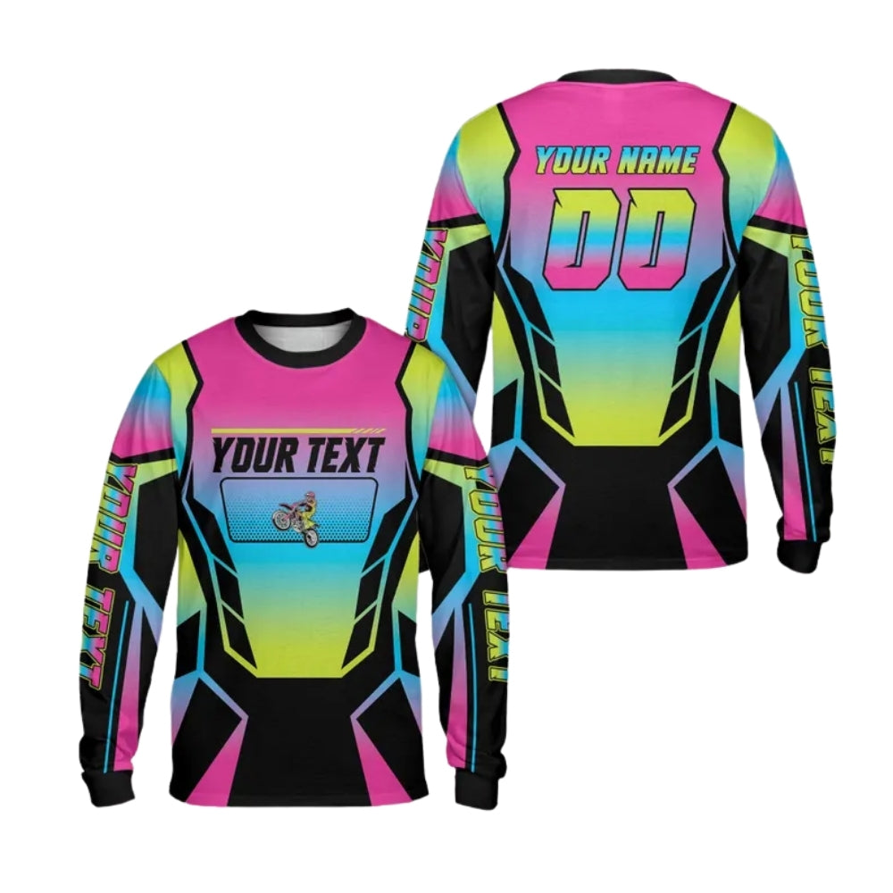 Custom Neon Gradient Long Sleeve Motocross Jersey Mens, Custom Dirt Bike Shirts With Number ME0028