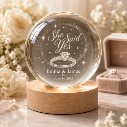 She Said Yes Custom Couple Egagement Crystall Ball Led Night Light, Custom Engagement Keepsake Night Light WD0859