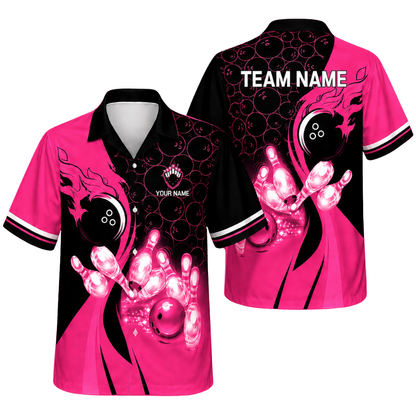 Custom Blue Flame Bowling Hawaiian Shirt For Men Women, Custom Flame Team Bowling Shirts BE0189