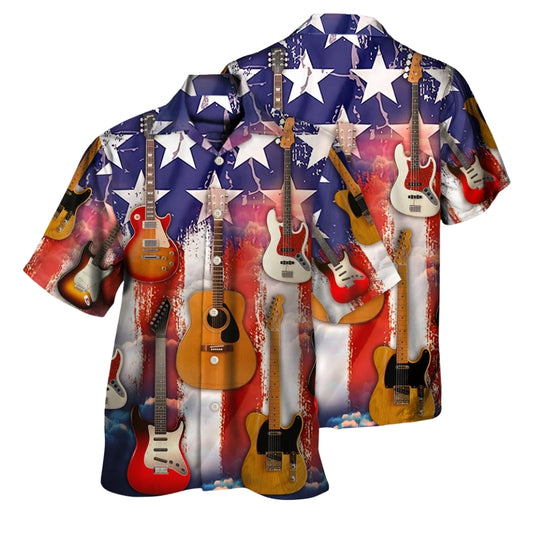 Guitar American Flag Hawaiian Shirt For Men Women, Patriotic Guitar Hawaiian Shirts For Guitarist HE0416