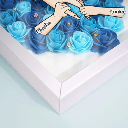 Family Love Blooms Forever Personalised Mum & Grandma Flower Shadow Box with Names, Mom Hands Holding We Love You Personalized Flower Shadow TD0013