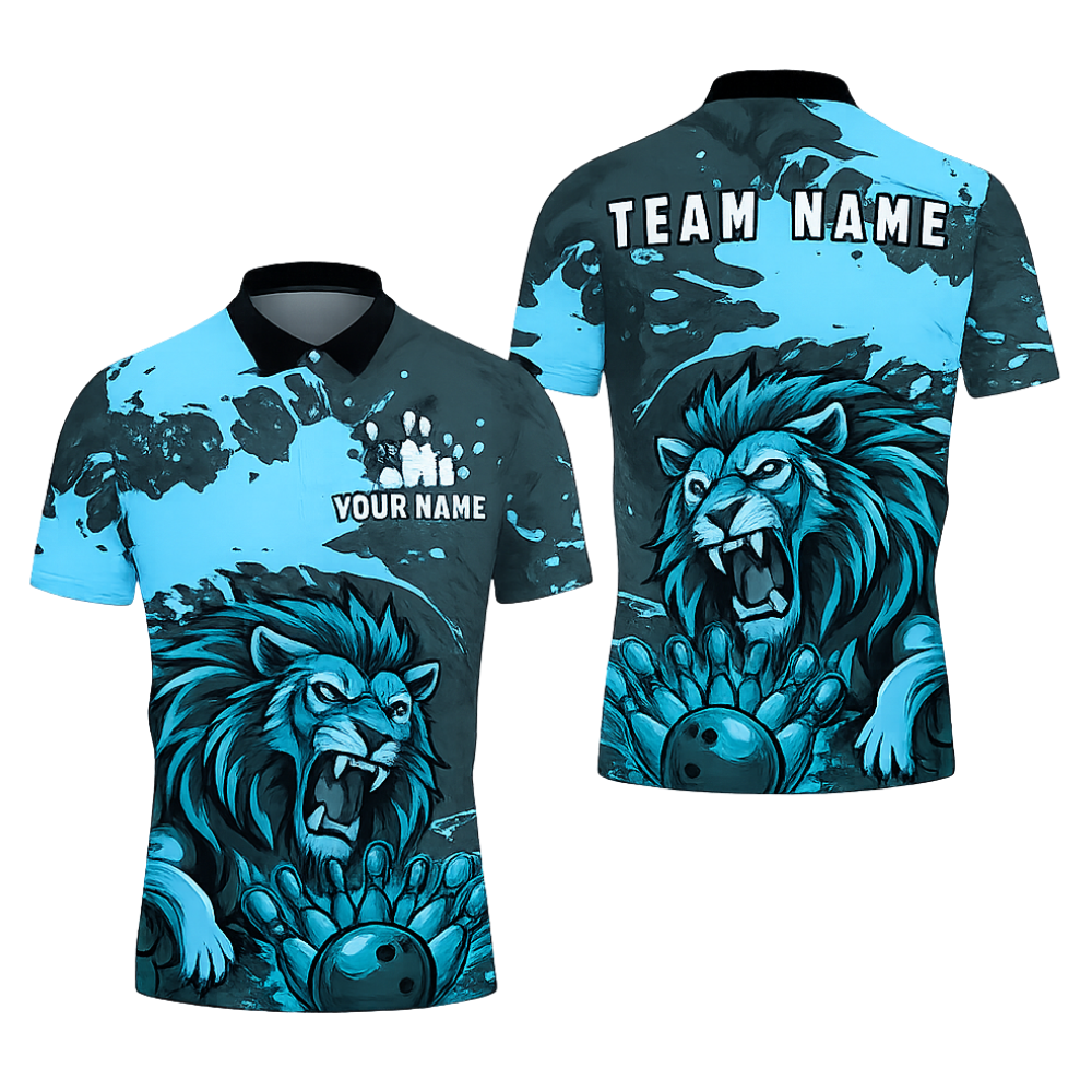 Custom Lion Blue Bowling Polo Shirt Mens, Custom Team Lion Bowling Shirts BZ0444