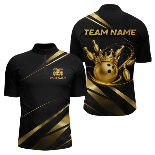 Custom Team Crown Bowling Jersey For Men Black And Gold, Custom Team Bowling Shirt BZ1108