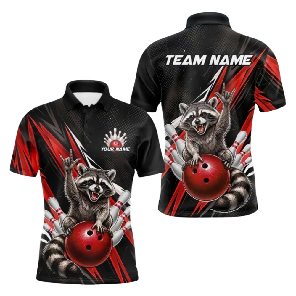 Custom Raccoon Black Red Bowling Polo Shirts Mens, Custom Raccoon Bowling Team Shirts BE0272