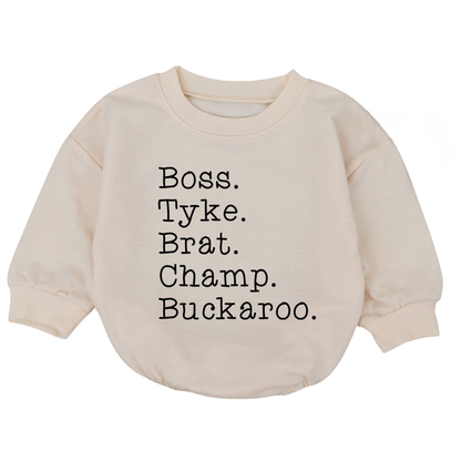 Boss Tyke Brat Champ Buckaroo Baby Romper Sweatshirt, Funny Nickname Baby Romper Sweatshirt BB0086