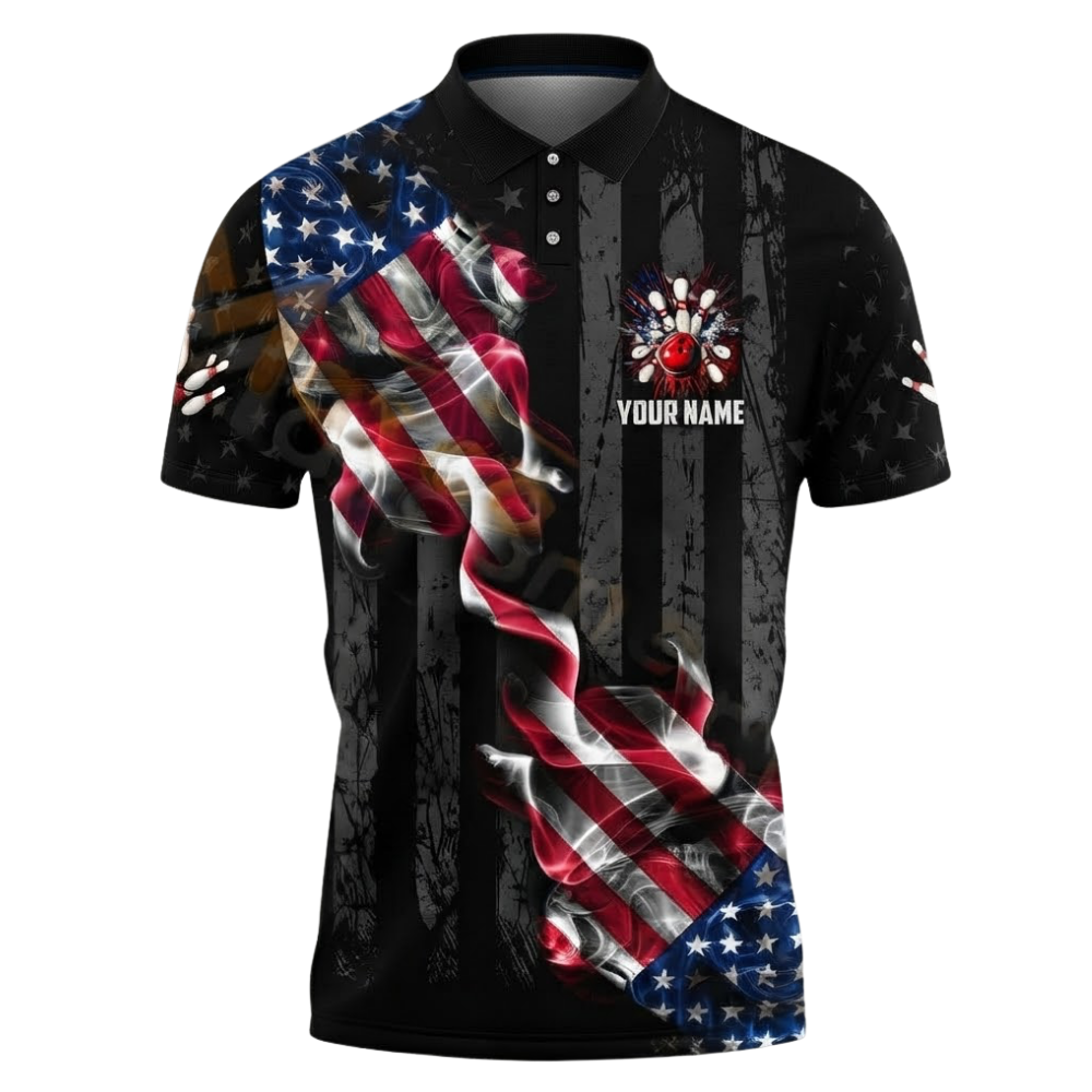 Custom American Flag Men's Black Bowling Polo Shirt, Custom Patriotic Bowling Shirt Team BZ0604