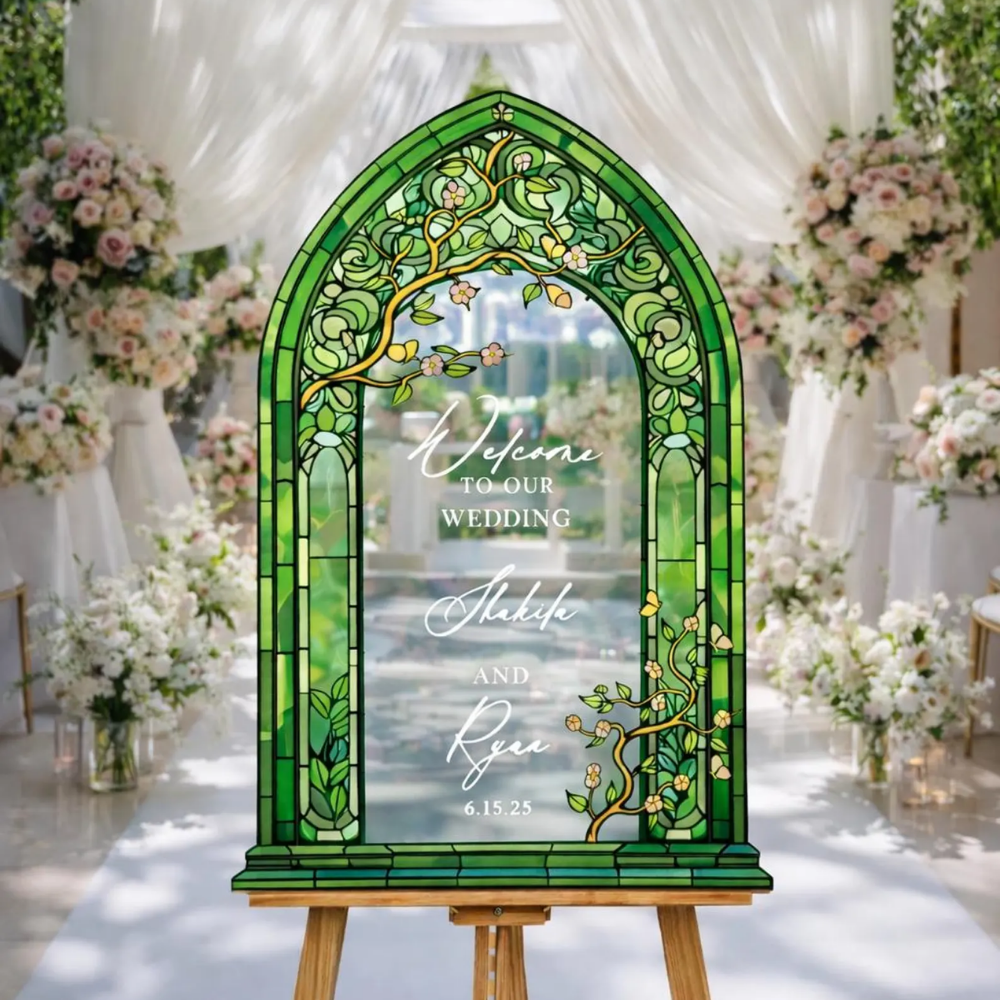 Personalized Green Stained Glass Wedding Welcome Acrylic Sign, Personalized Wedding Sign WD0741