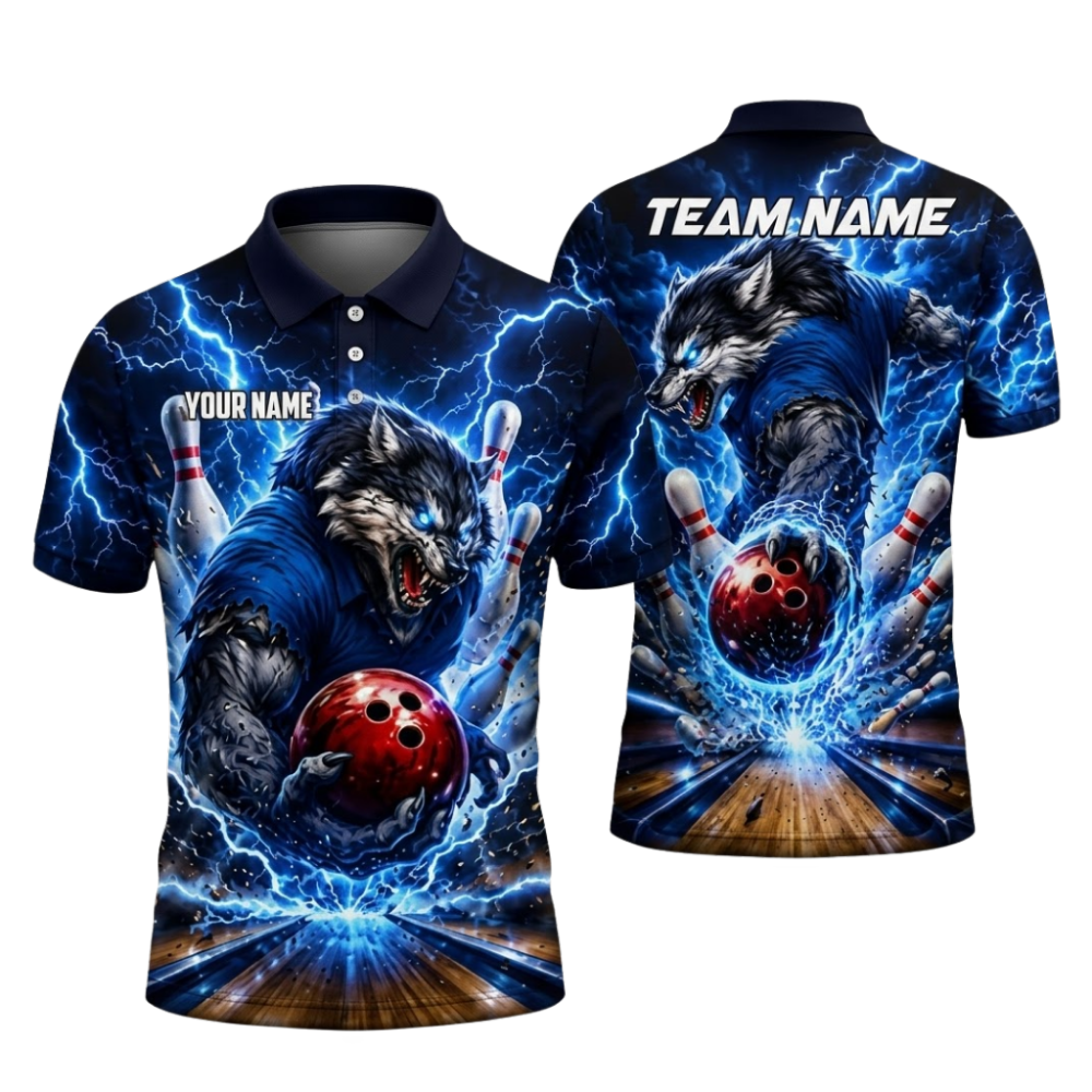 Custom Wolf Blue Lightning Bowling Polo Shirts For Men, Custom Wolf Bowling Team Shirts BZ1083