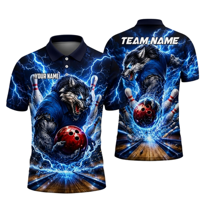 Custom Wolf Blue Lightning Bowling Polo Shirts For Men, Custom Wolf Bowling Team Shirts BZ1083