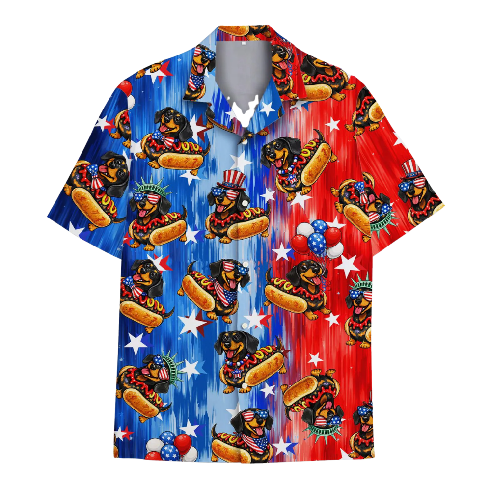 Dachshund Hot Dog American Flag Hawaiian Shirt For Men Women, Dachshund 4th Of July Hawaiian Shirts HE0368