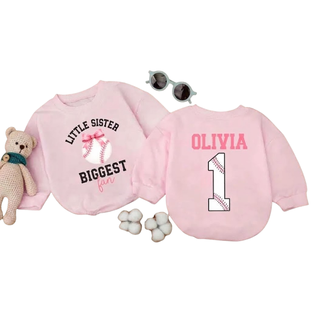 Little Sister Biggest Fan Custom Baseball Baby Romper Sweatshirt, Custom Baby Baseball Romper Sweatshirt BB0531