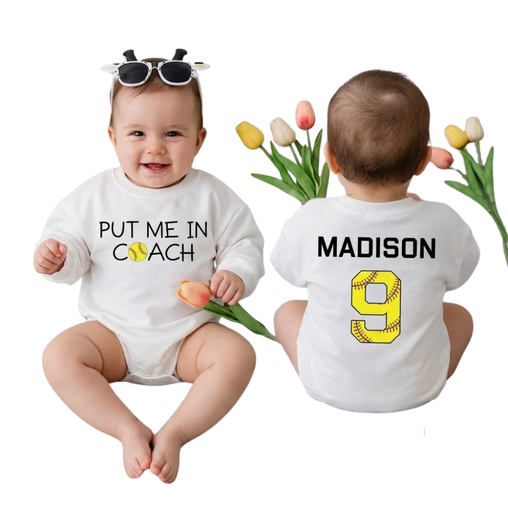 Put Me On Coach Custom Softball Baby Romper Sweatshirt, Custom Baby Softball Sweatshirt BB0807