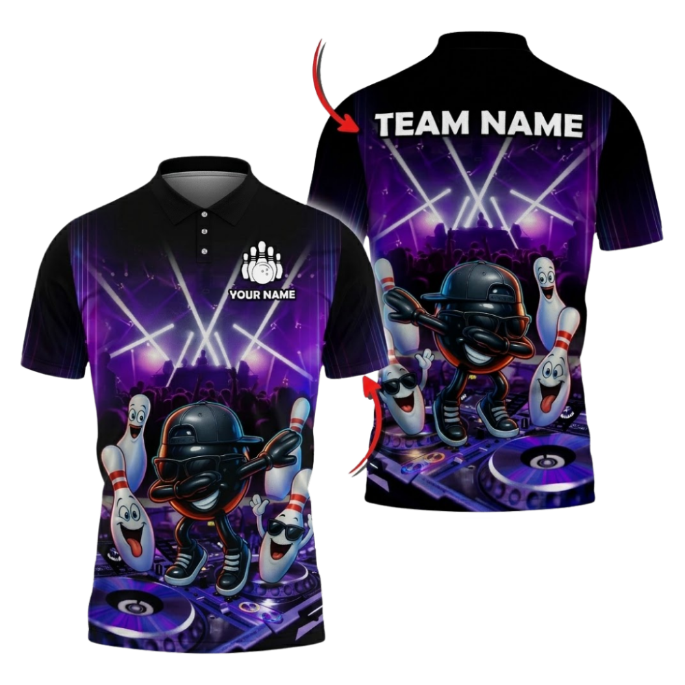 Custom Funny Ball DJ Bowling Polo Shirts Mens Black Blue, Custom Funny Bowling Shirt For Team BZ1086