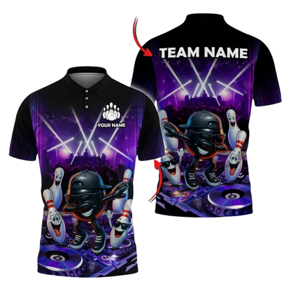 Custom Funny Ball DJ Bowling Polo Shirts Mens Black Blue, Custom Funny Bowling Shirt For Team BZ1086