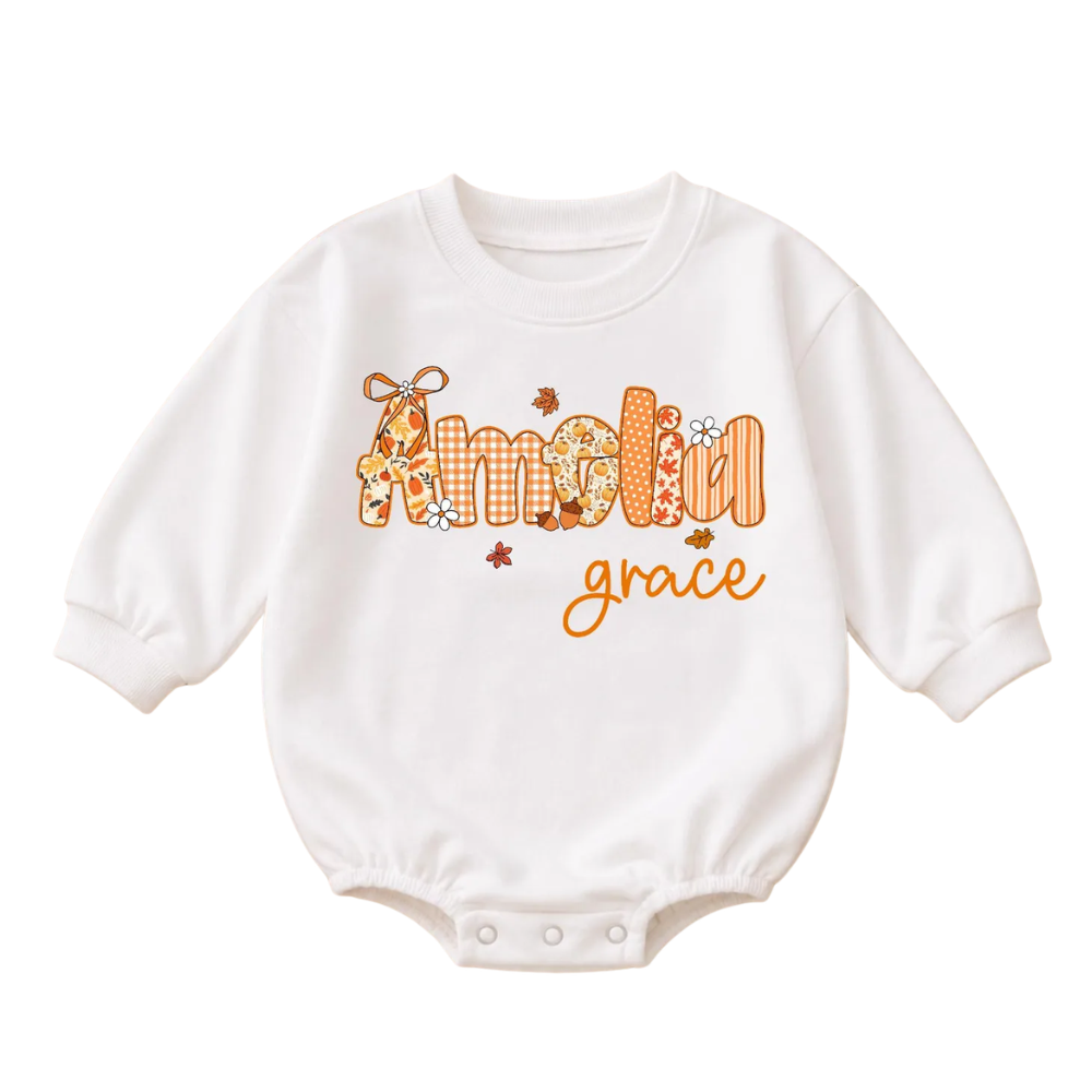 Custom Name Pumpkin Fall Baby Romper Sweatshirt, Custom Thanksgiving Baby Romper Sweater BB0861