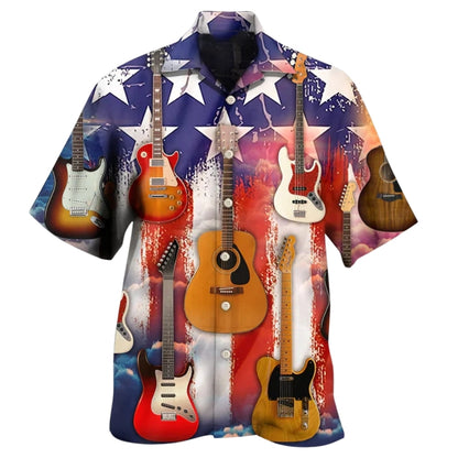 Guitar American Flag Hawaiian Shirt For Men Women, Patriotic Guitar Hawaiian Shirts For Guitarist HE0416