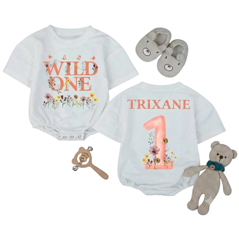 Personalized Wild One Floral 1st Birthday Baby T Shirt Romper, Custom Baby's Floral First Birthday Romper BB0259